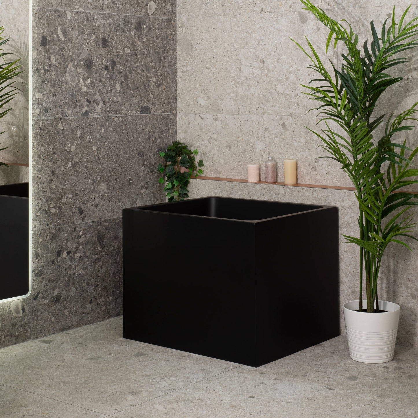 Hicube Multifit 35 inch Acrylic Freestanding Japanese Freestanding Bathtub with Seat, Matte Black
