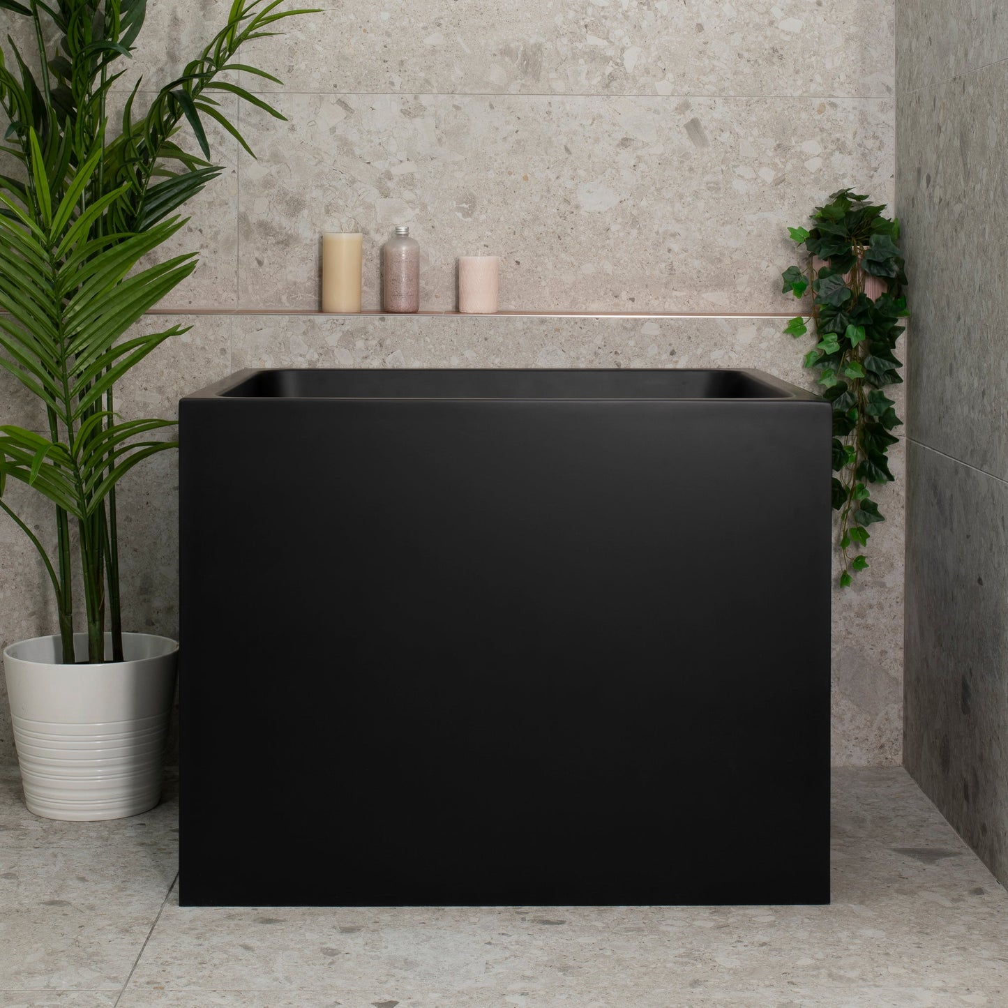 Hicube Multifit 35 inch Acrylic Freestanding Japanese Freestanding Bathtub with Seat, Matte Black