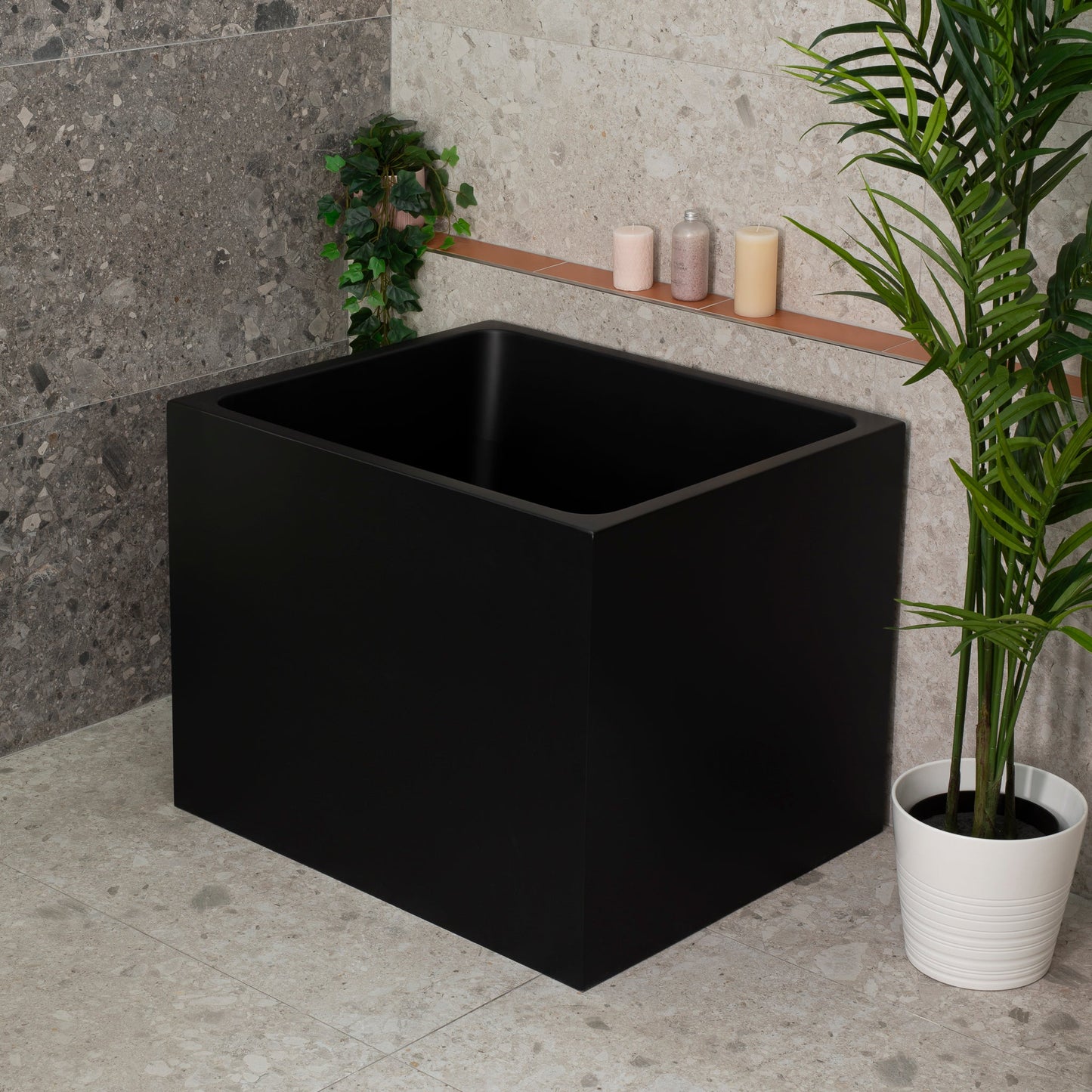 Hicube Multifit 35 inch Acrylic Freestanding Japanese Freestanding Bathtub with Seat, Matte Black
