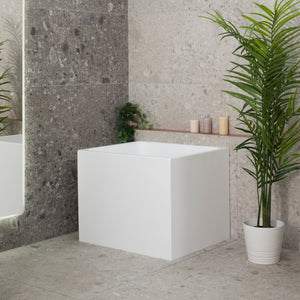 Hicube Multifit 35 inch Acrylic Freestanding Japanese Freestanding Bathtub with Seat, Matte White