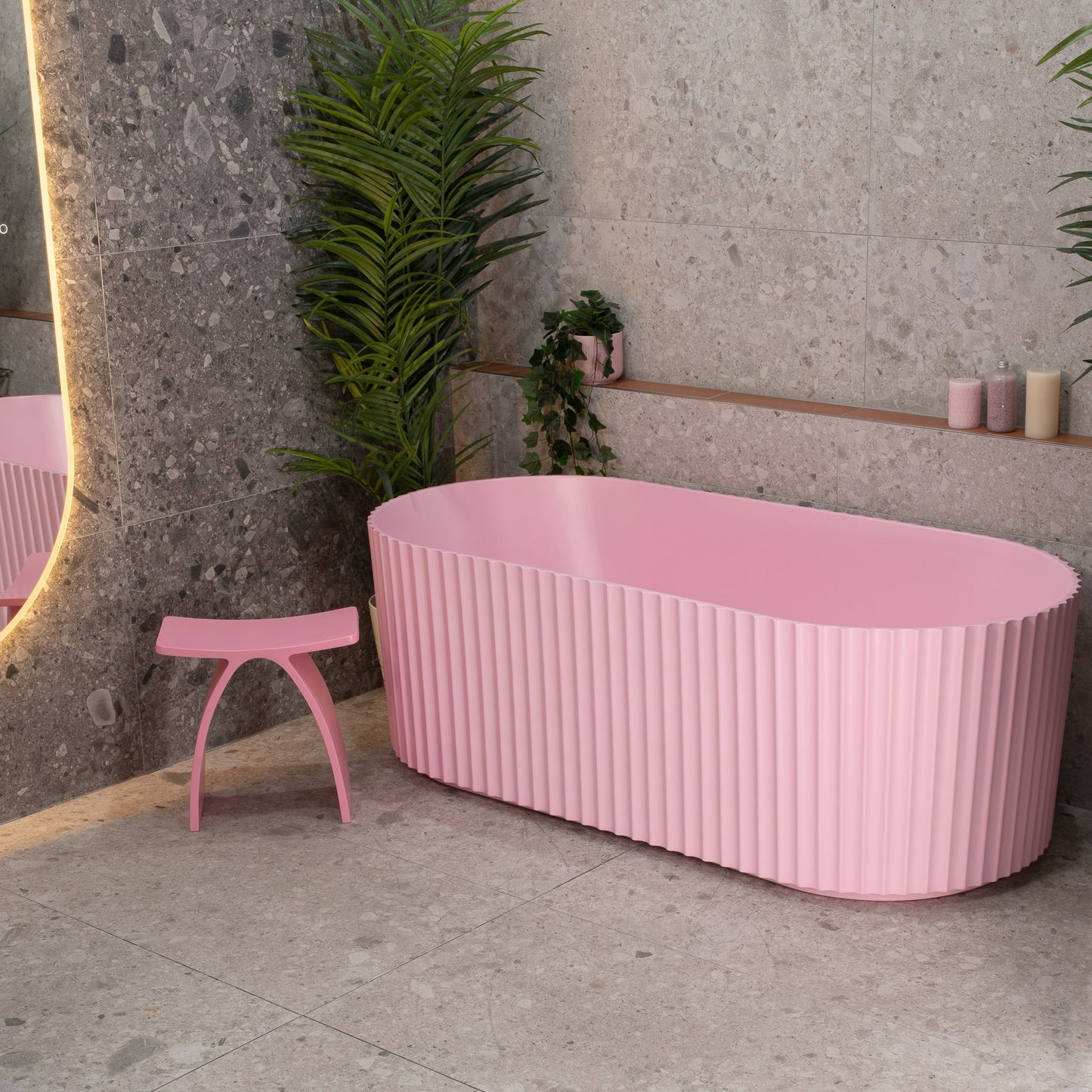 Agora Groove 67 inch Acrylic Freestanding Fluted Oval Bathtub, Matte Pink