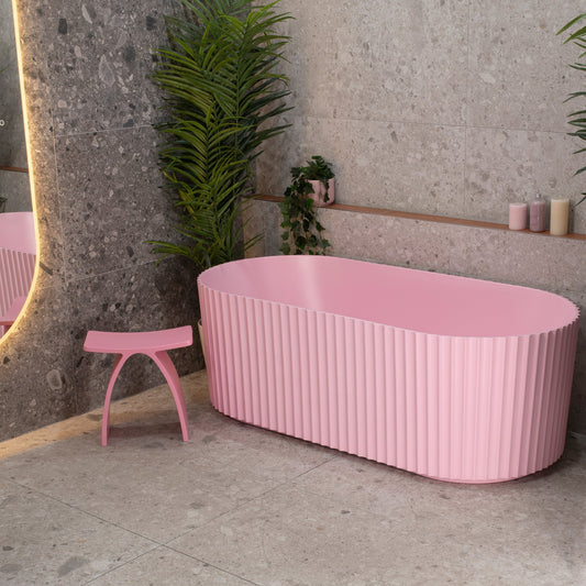 Agora Groove 67 inch Acrylic Freestanding Fluted Oval Bathtub, Matte Pink
