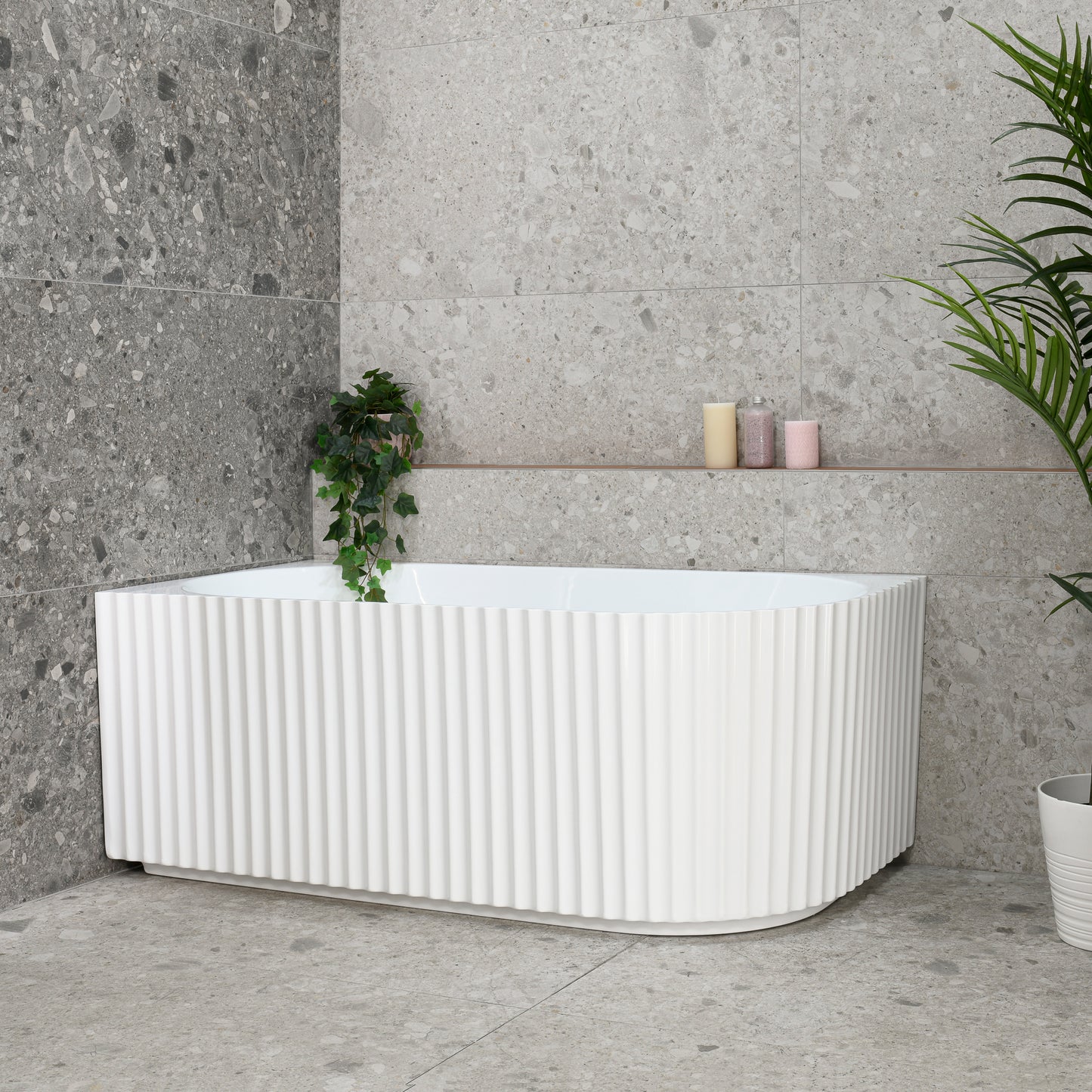 Agora Groove 1500mm Fluted Oval Left Corner Freestanding Bath, Gloss White