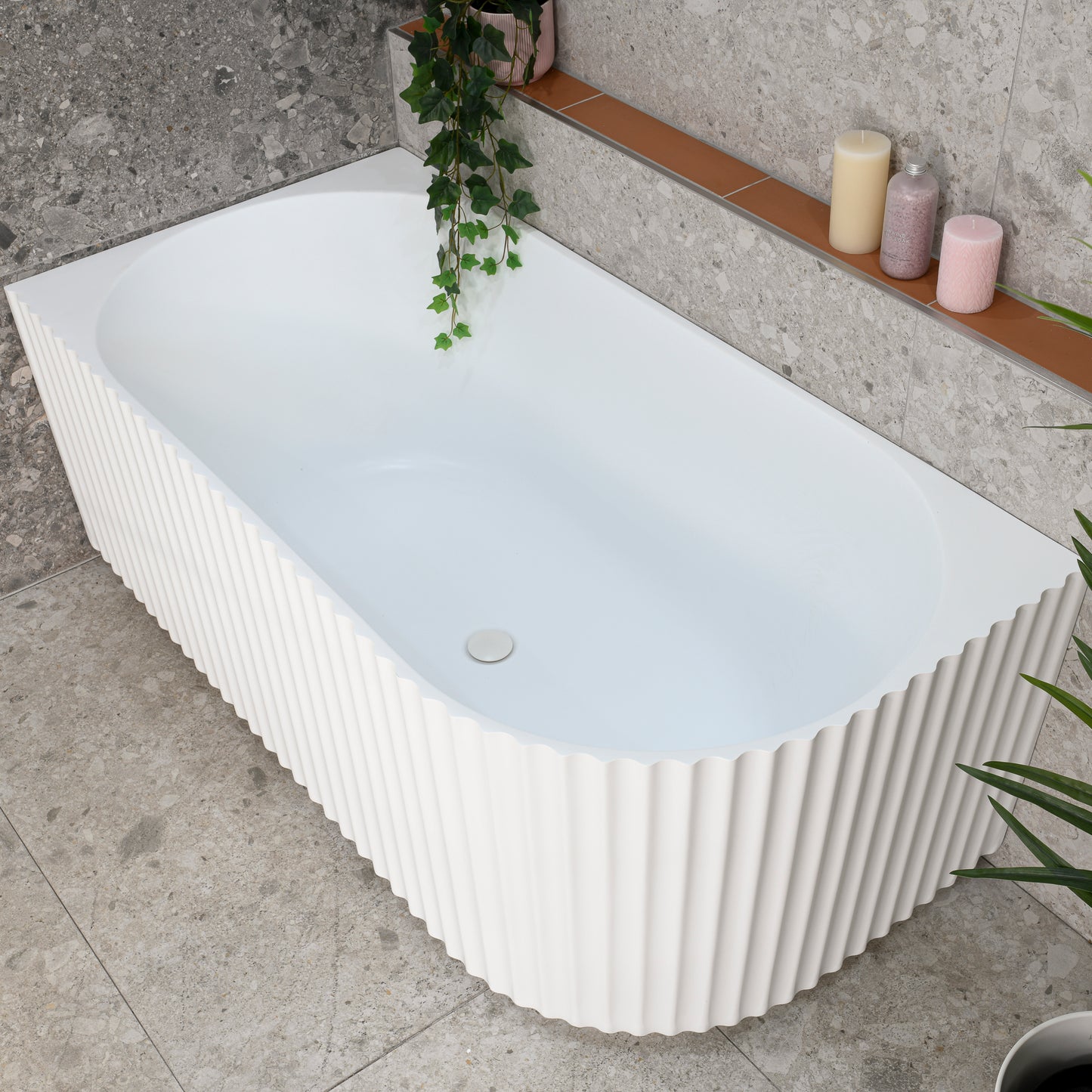 Agora Groove 1500mm Fluted Oval Left Corner Freestanding Bath, Matte White