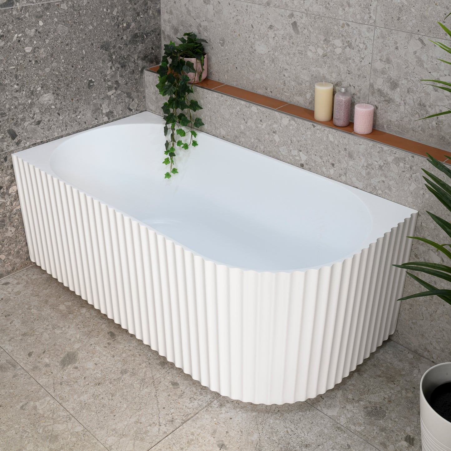 Agora Groove 1500mm Fluted Oval Left Corner Freestanding Bath, Matte White