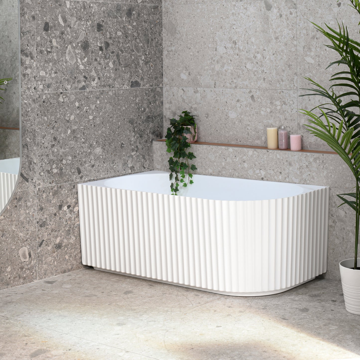 Agora Groove 1500mm Fluted Oval Left Corner Freestanding Bath, Matte White