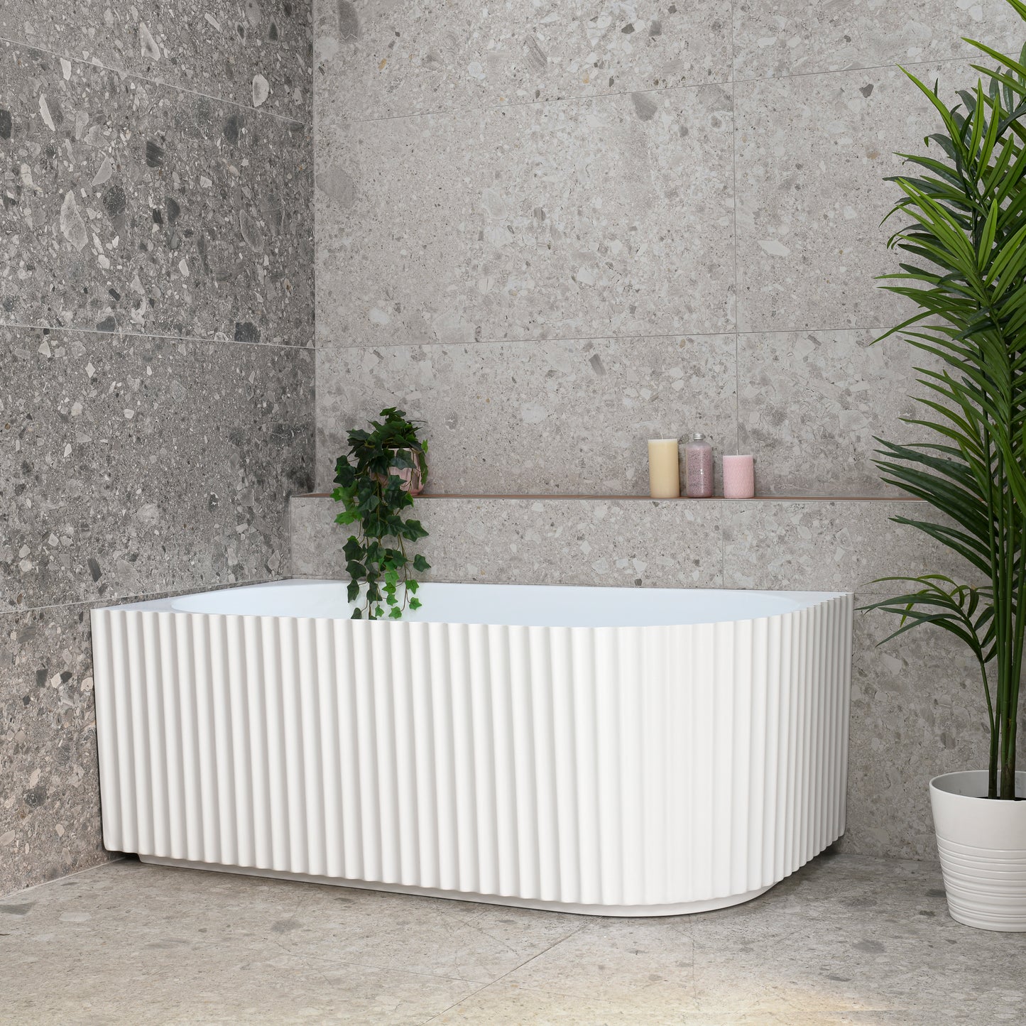 Agora Groove 1500mm Fluted Oval Left Corner Freestanding Bath, Matte White