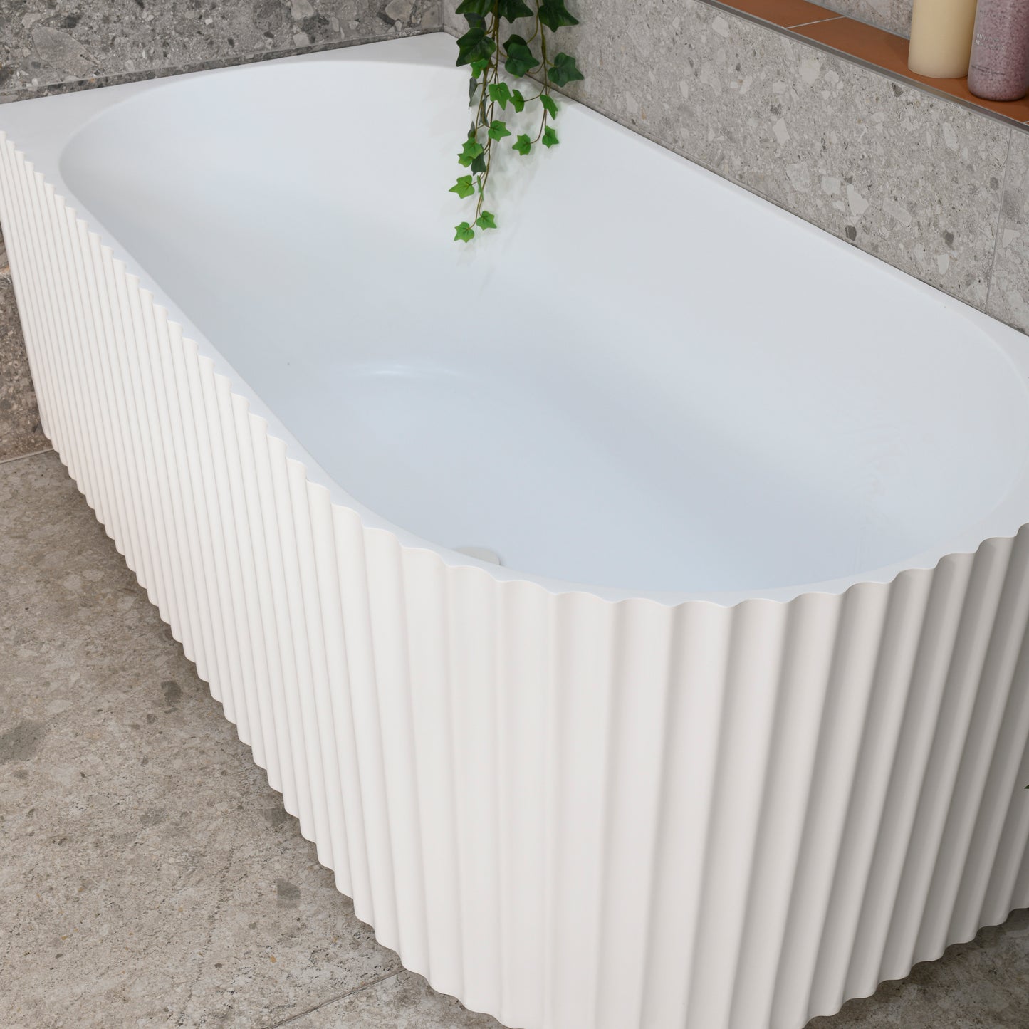 Agora Groove 1500mm Fluted Oval Left Corner Freestanding Bath, Matte White