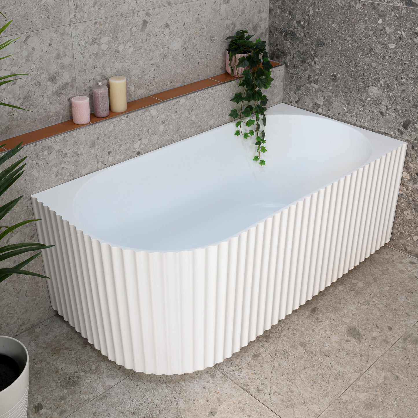 Agora Groove 1500mm Fluted Oval Right Corner Freestanding Bath, Matte White