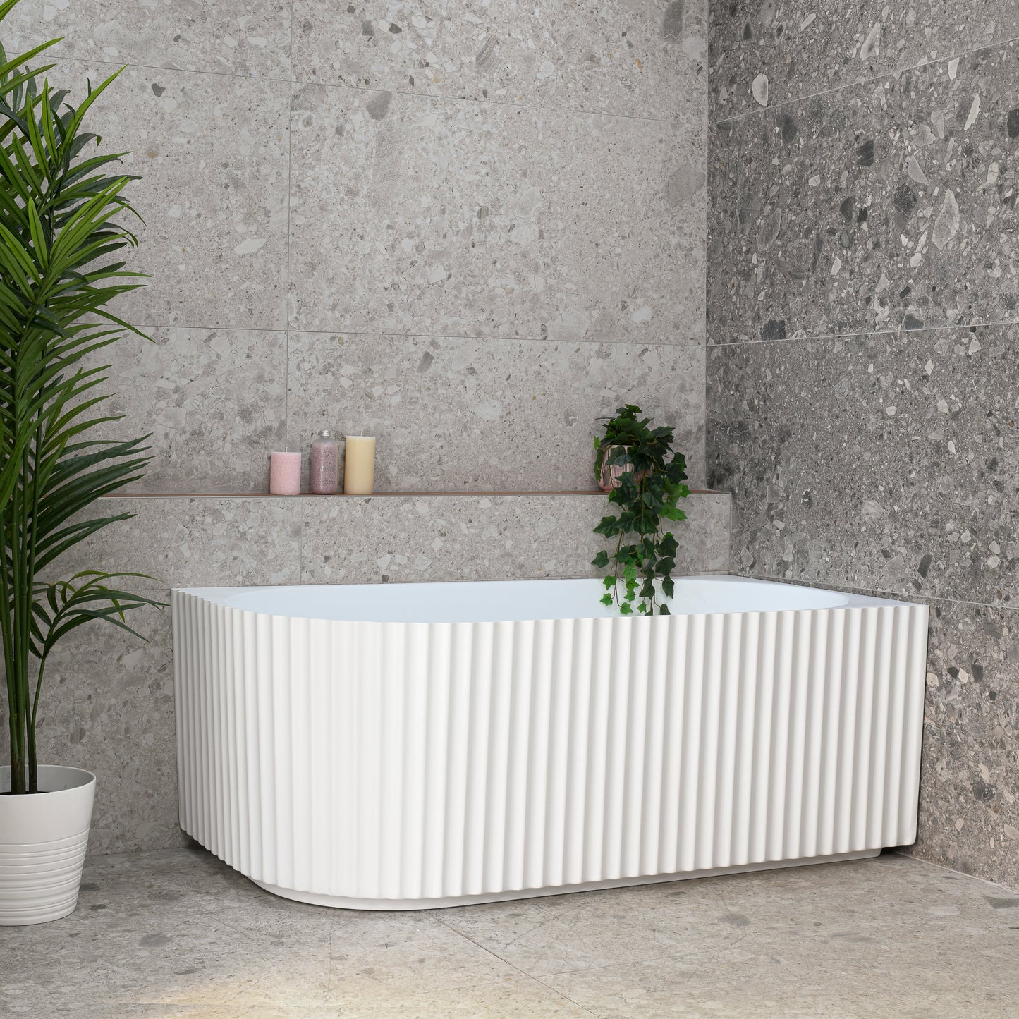 Agora Groove 1500mm Fluted Oval Right Corner Freestanding Bath, Matte White