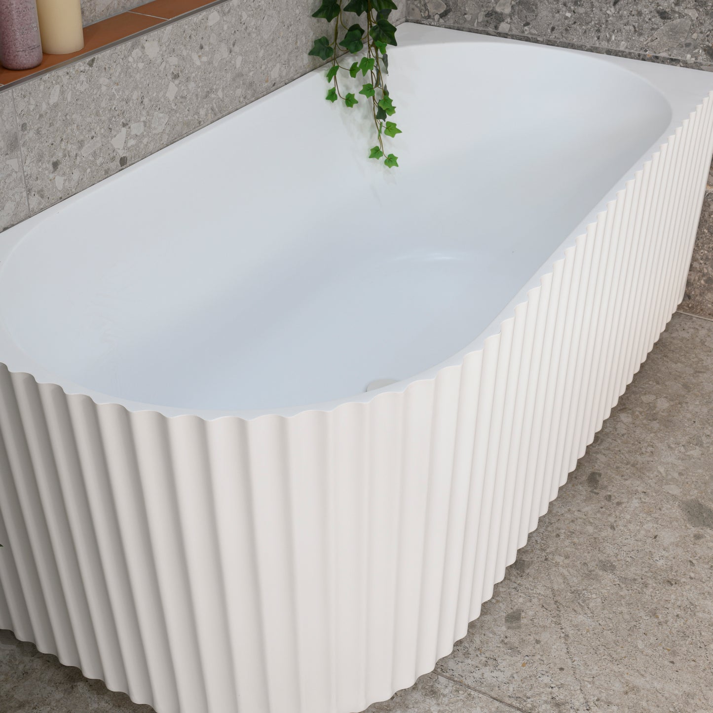 Agora Groove 1500mm Fluted Oval Right Corner Freestanding Bath, Matte White