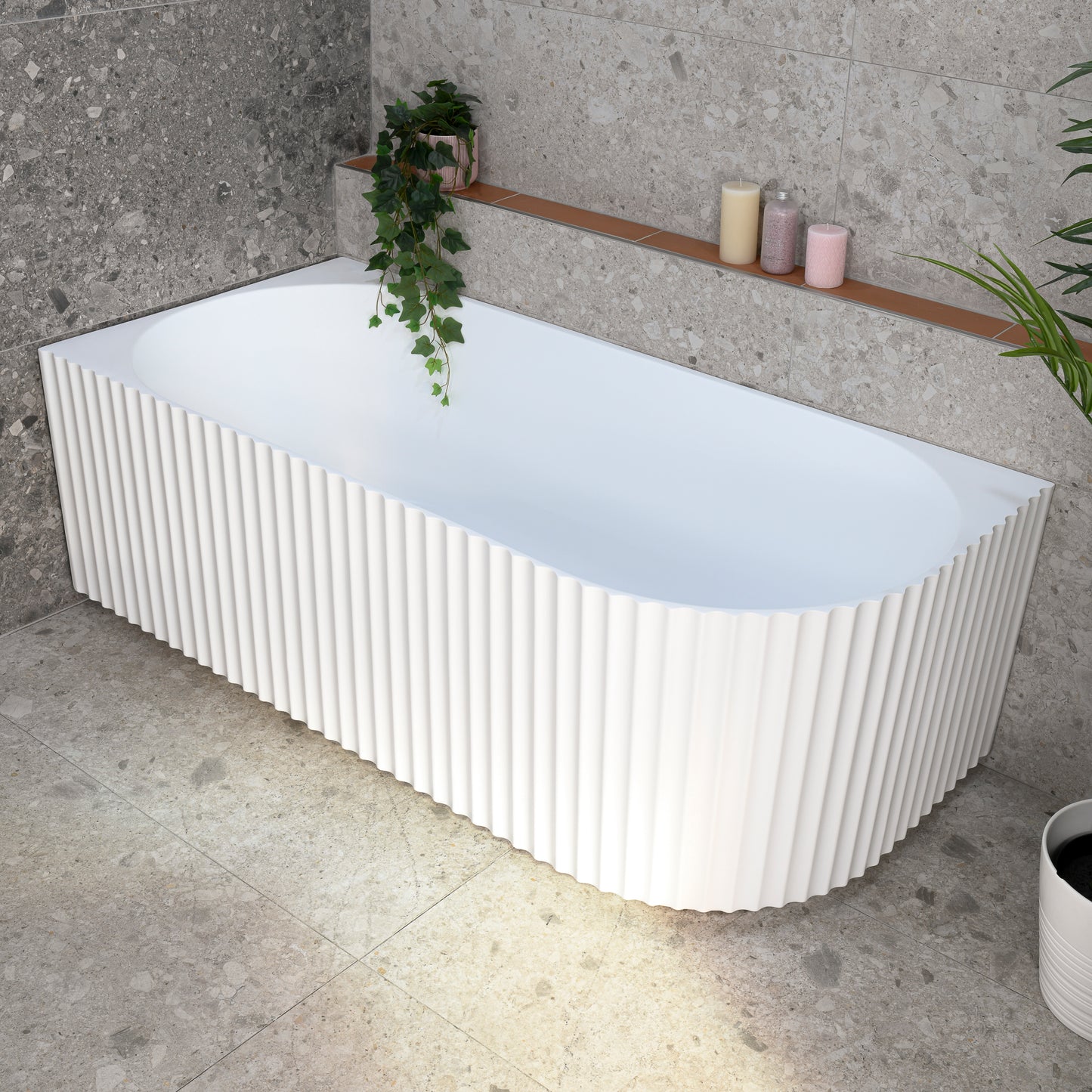 Agora Groove 1700mm Fluted Oval Left Corner Freestanding Bath, Matte White