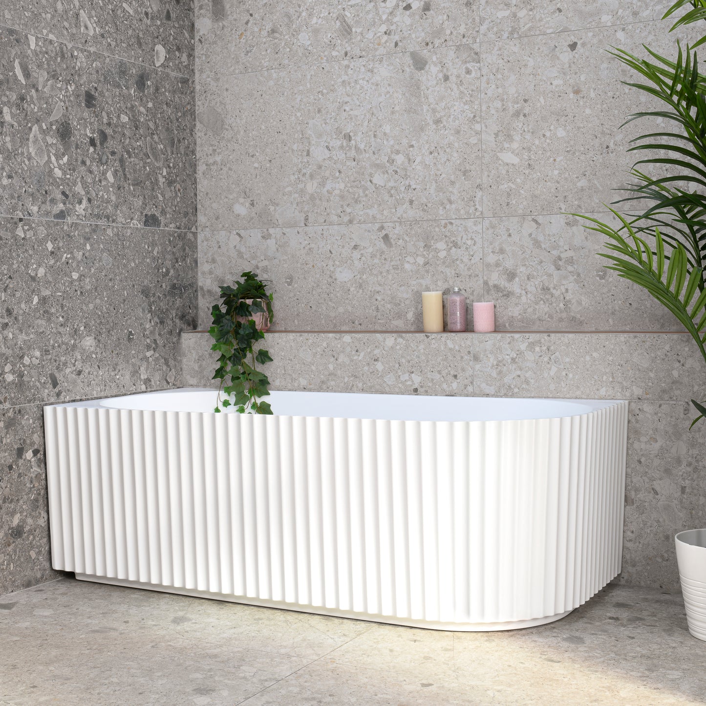 Agora Groove 1700mm Fluted Oval Left Corner Freestanding Bath, Matte White