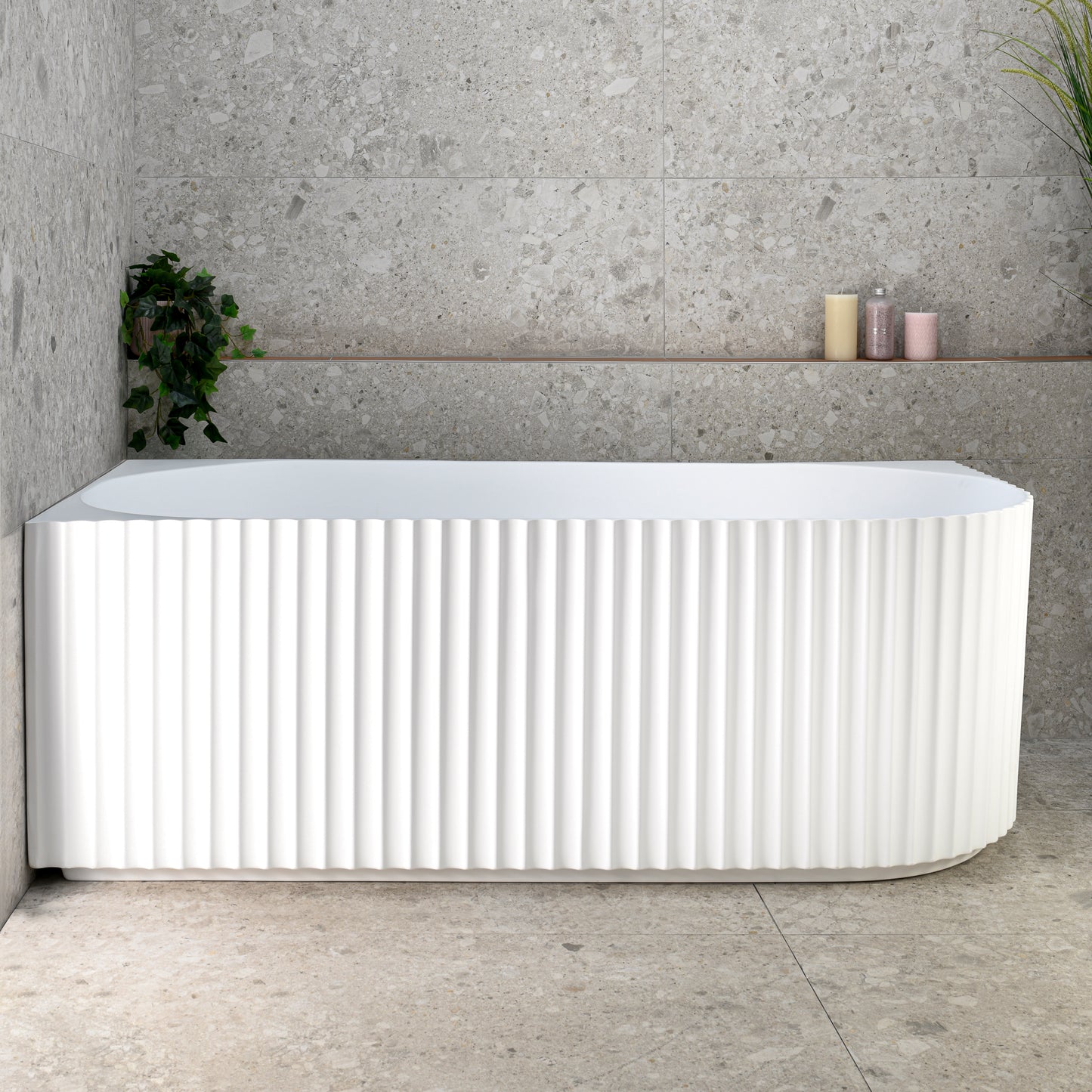 Agora Groove 1700mm Fluted Oval Left Corner Freestanding Bath, Matte White