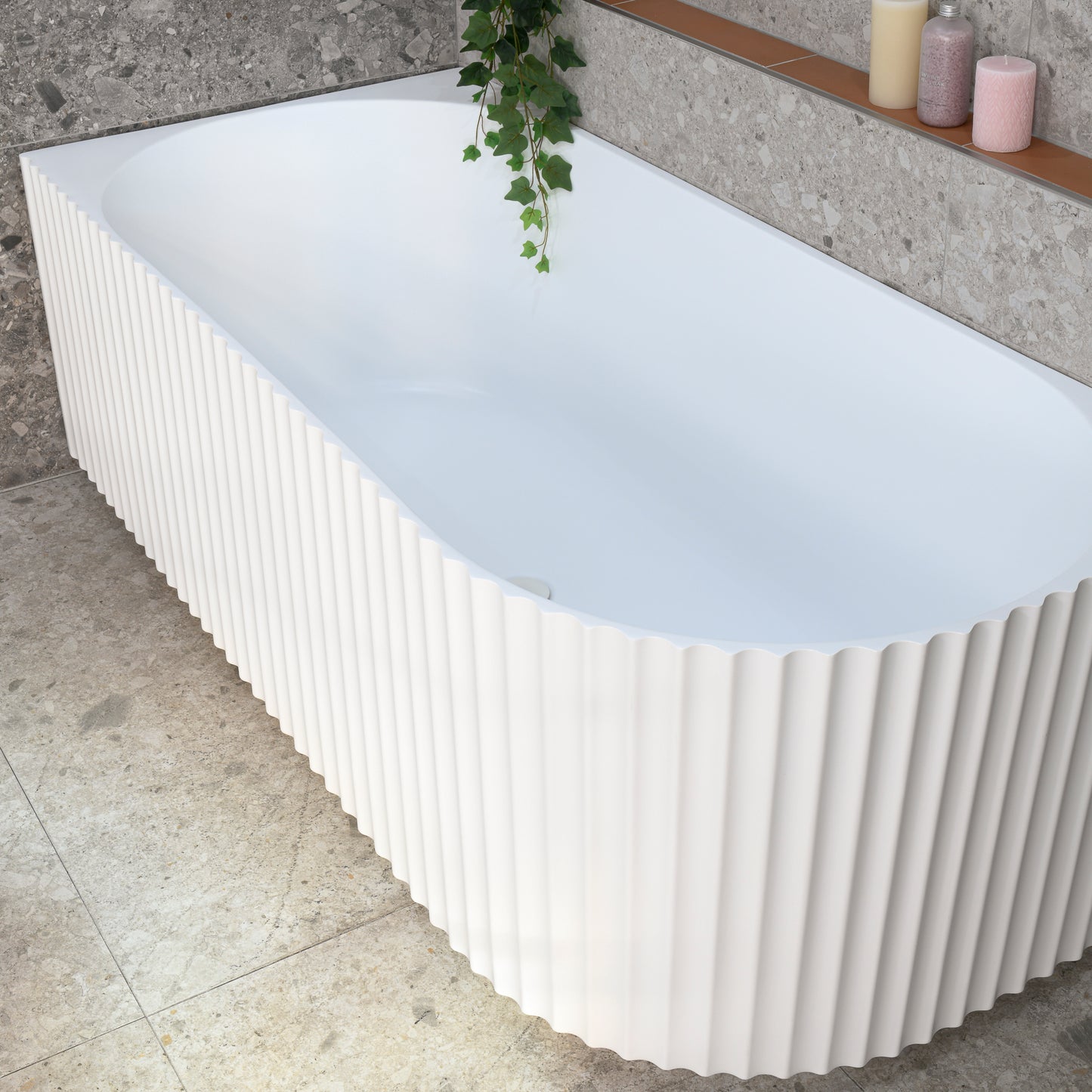 Agora Groove 1700mm Fluted Oval Left Corner Freestanding Bath, Matte White