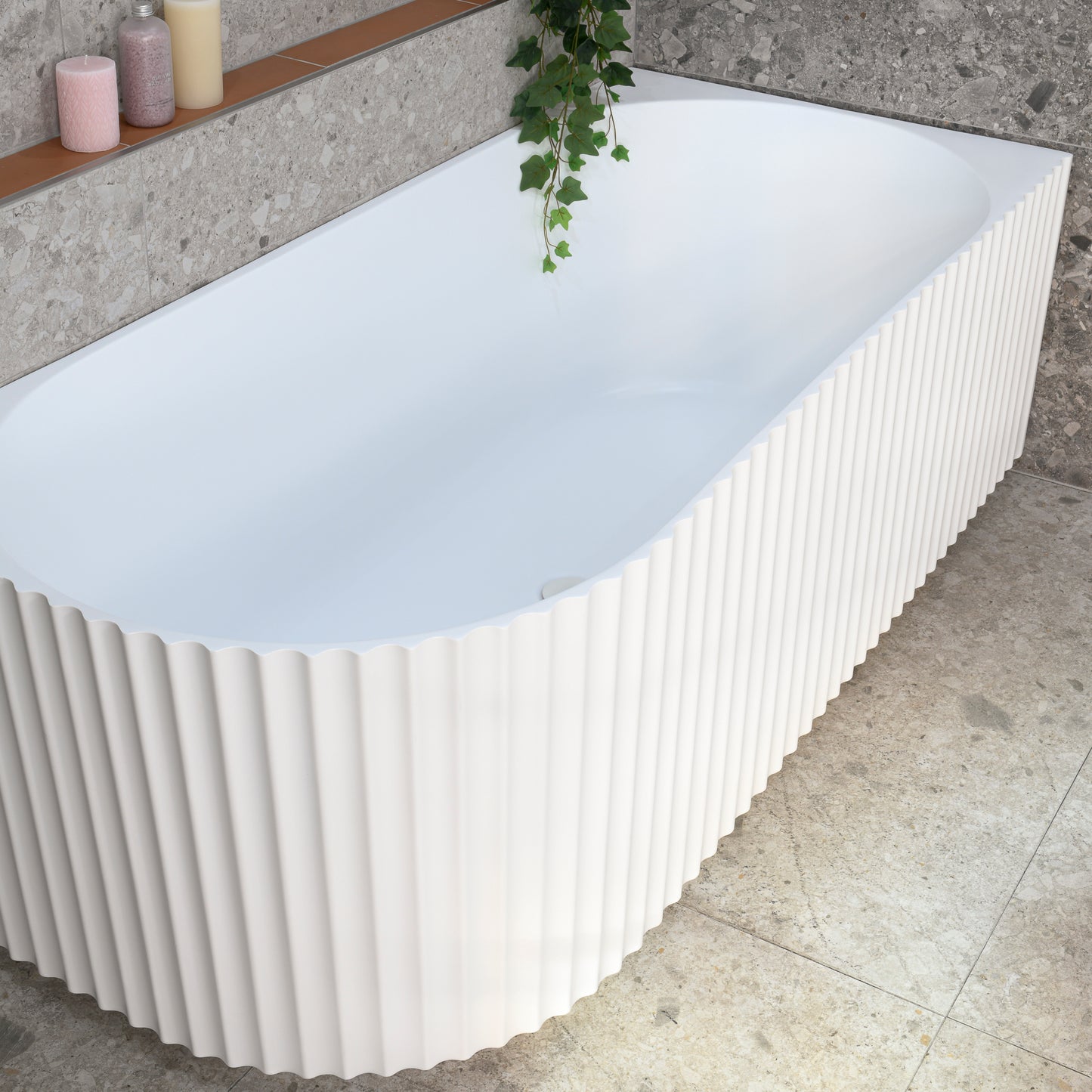 Agora Groove 1700mm Fluted Oval Right Corner Freestanding Bath, Matte White