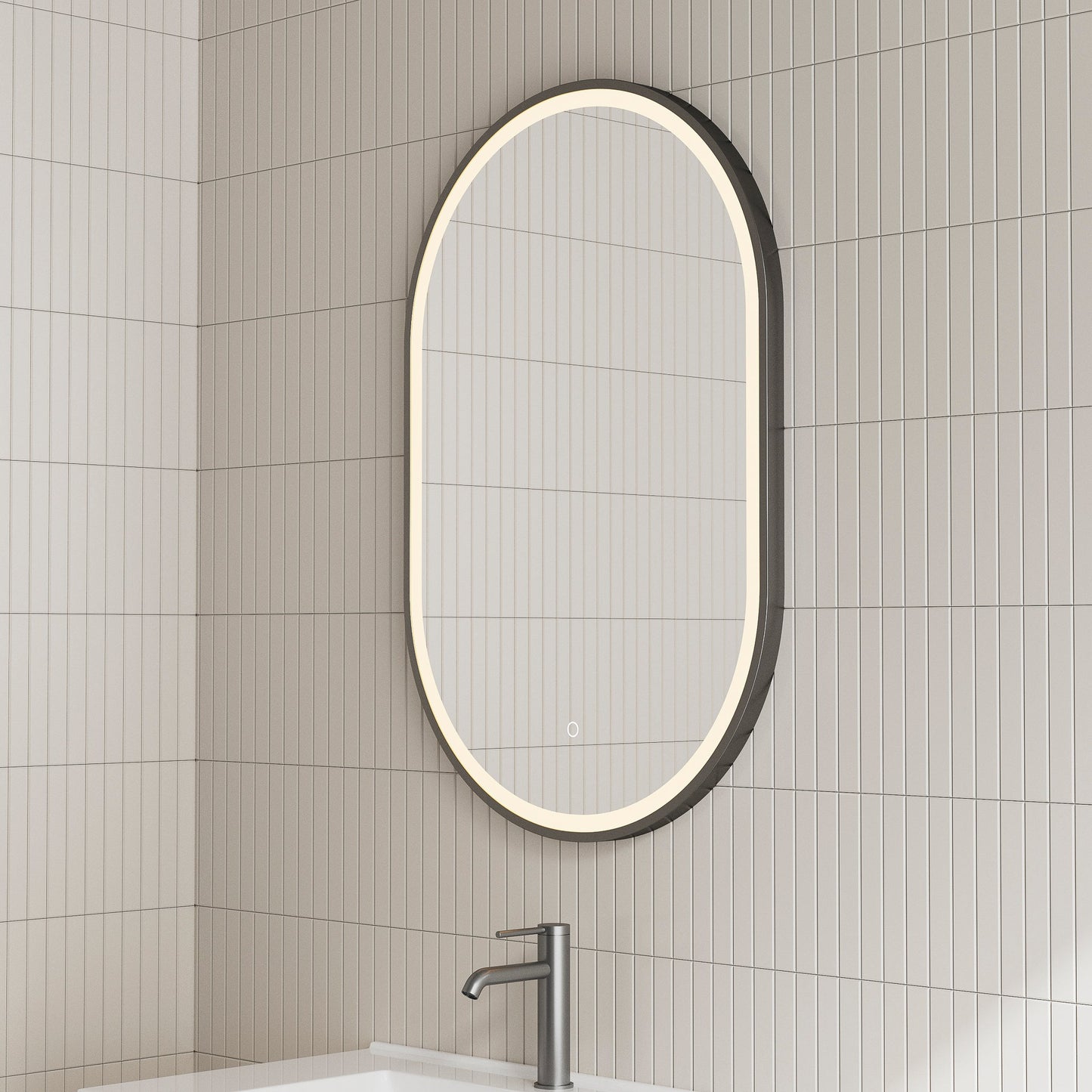 Pill Oval 600mm x 900mm Frontlit LED Mirror with Matte Black Frame and Demister