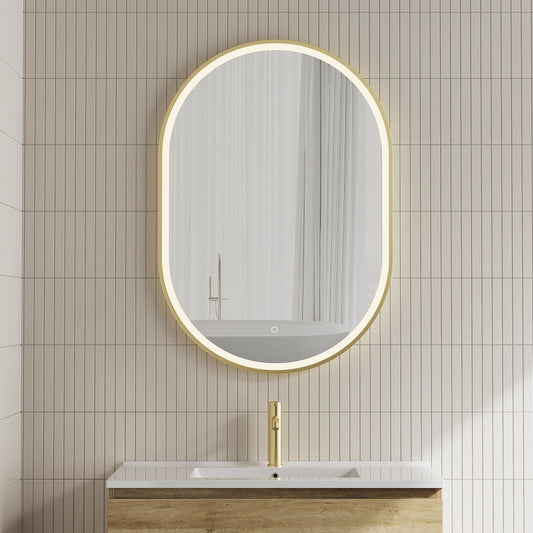 Pill Oval 700mm x 1000mm Frontlit LED Mirror with Brushed Brass (Gold) Frame and Demister