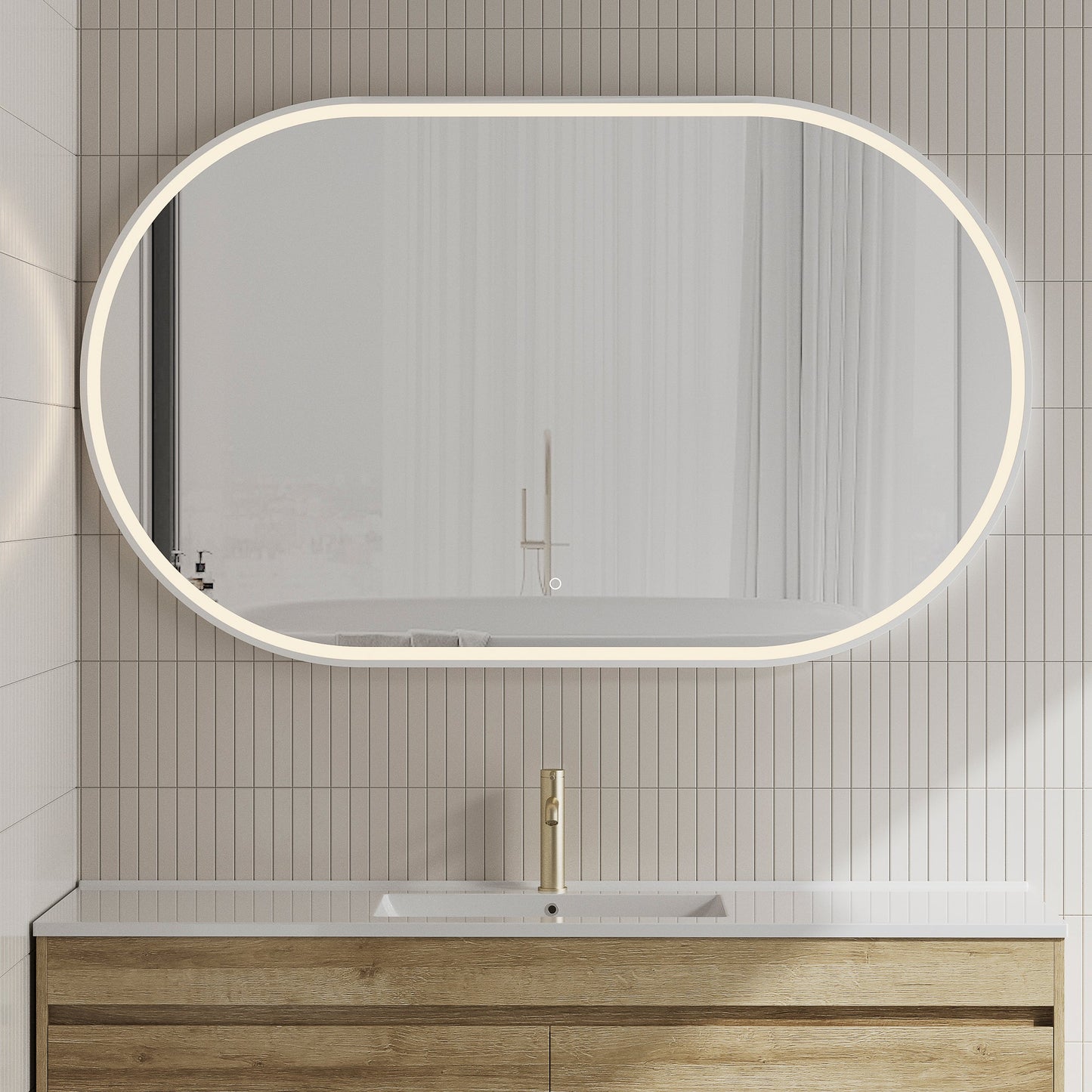 Pill Oval 1500mm x 900mm Frontlit LED Mirror with Matte White Frame and Demister