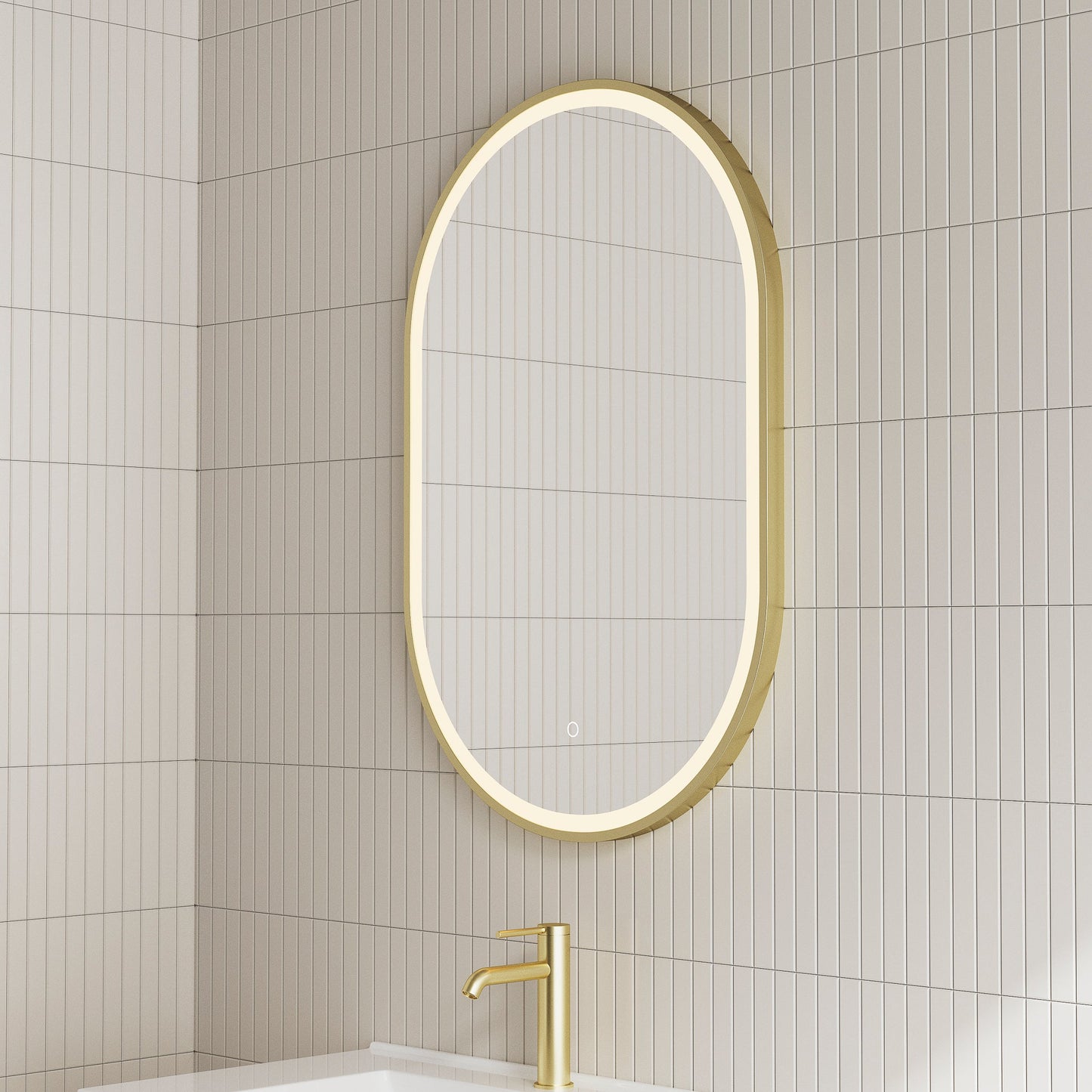 Pill Oval 700mm x 1000mm Frontlit LED Mirror with Brushed Brass (Gold) Frame and Demister