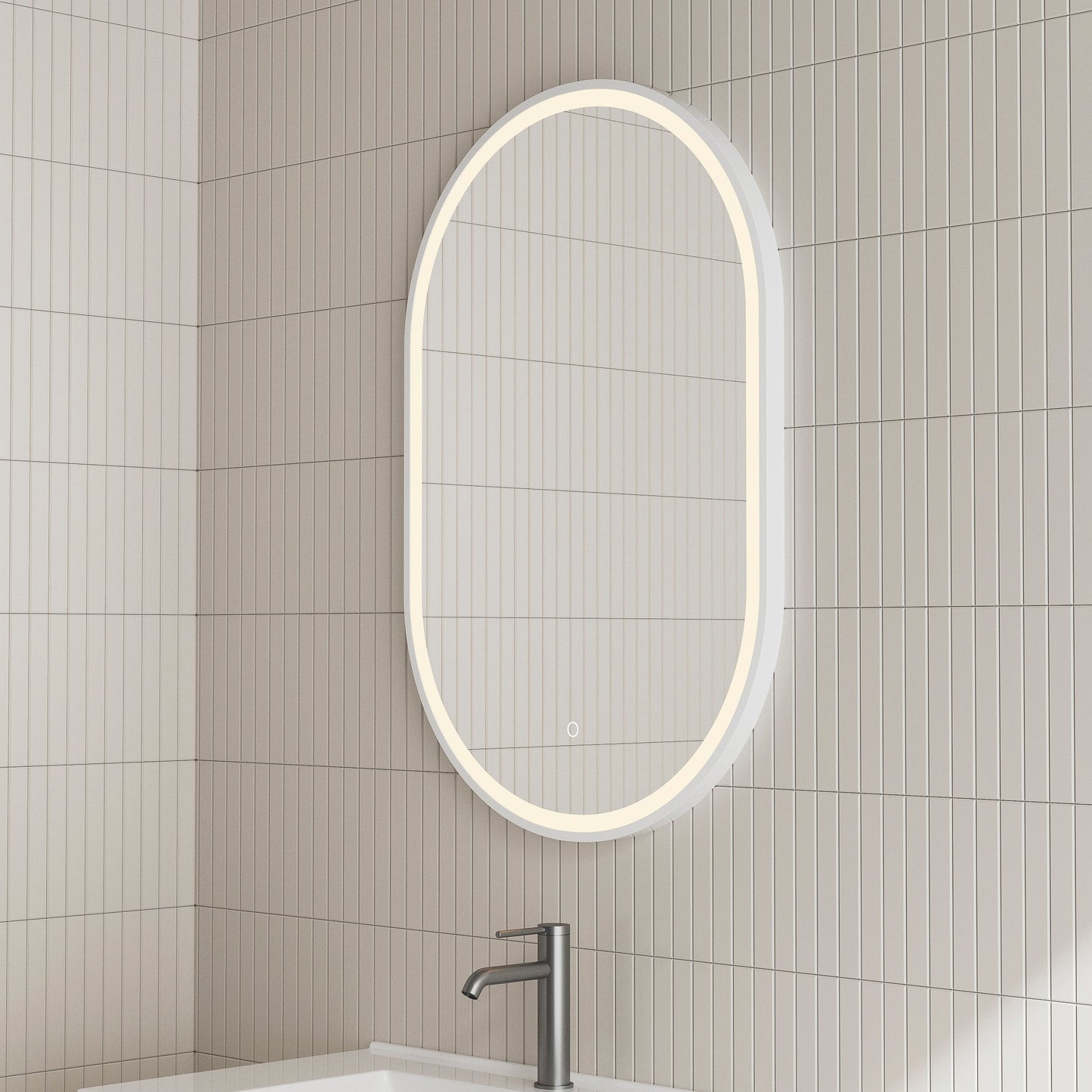 Pill Oval 600mm x 900mm Frontlit LED Mirror with Matte White Frame and Demister