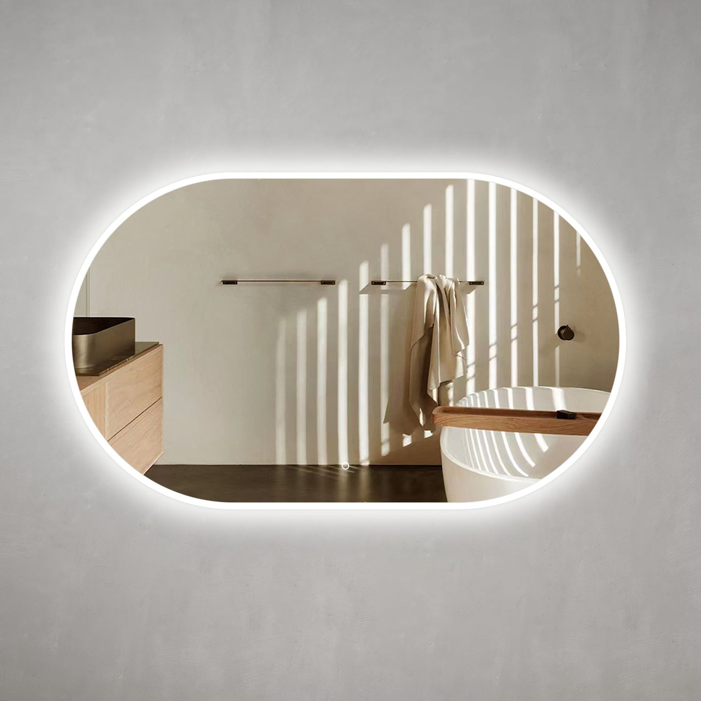 Pill Oval 1500mm x 600mm LED Mirror with Frosted Glass Border and Demister