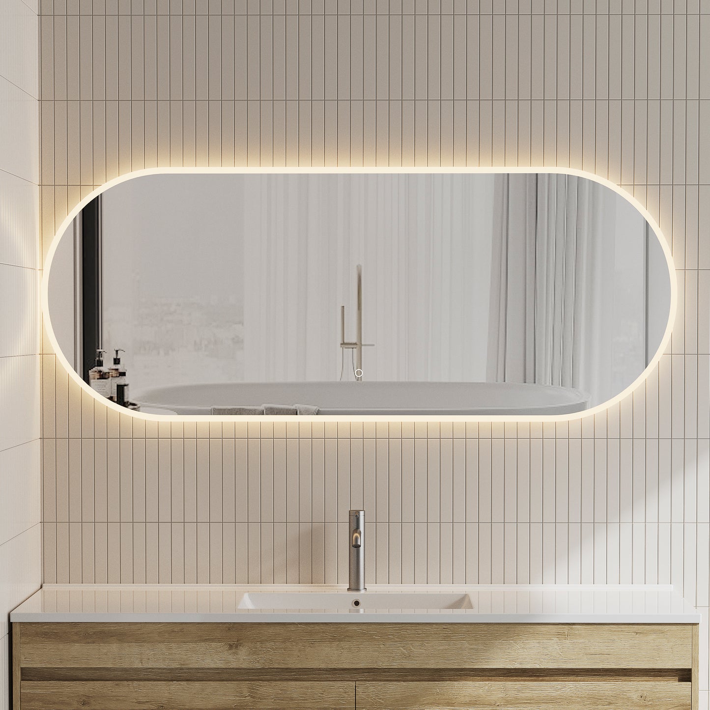 Pill Oval 1500mm x 600mm LED Mirror with Frosted Glass Border and Demister