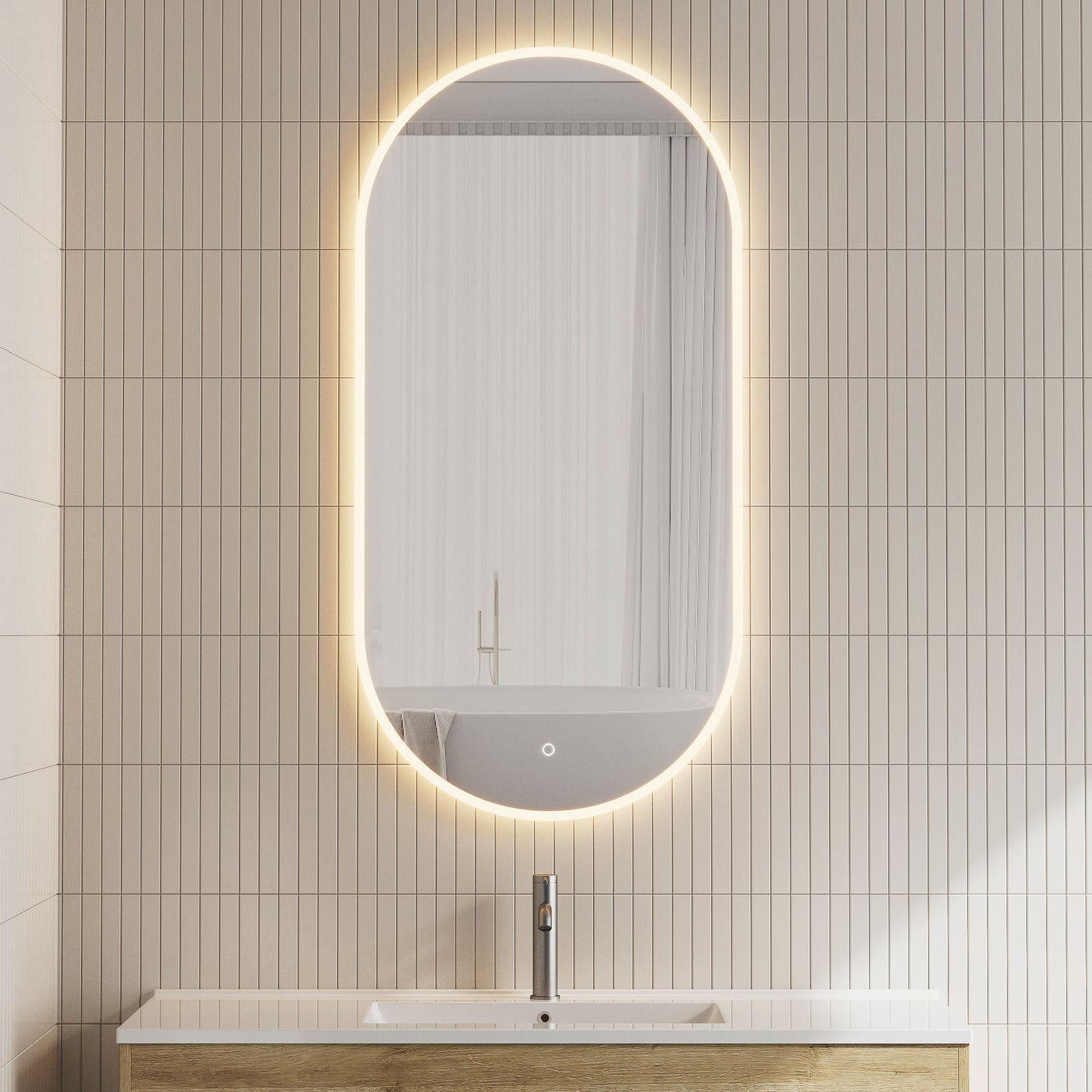 Pill Oval 600mm x 1200mm LED Mirror with Frosted Glass Border and Demister