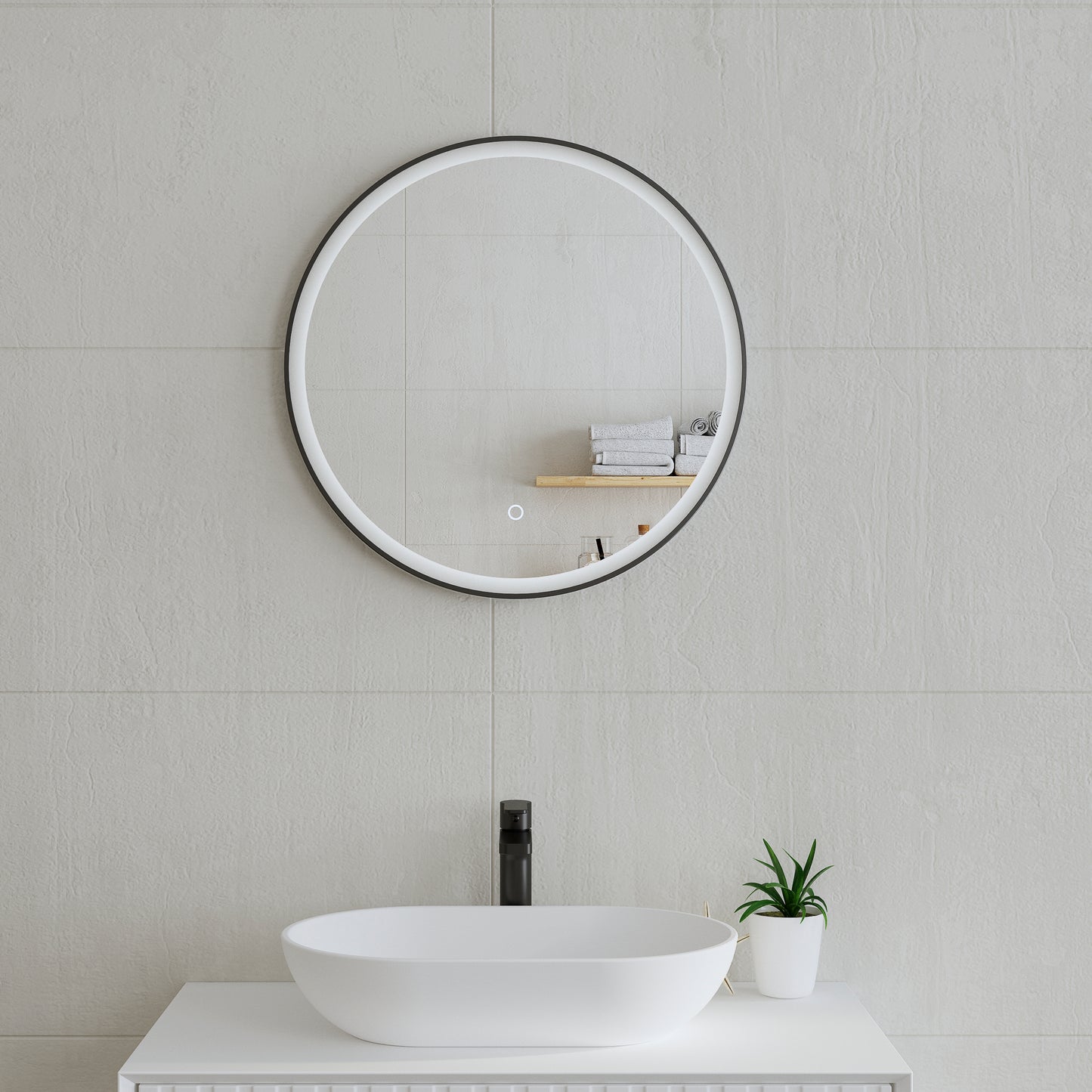 Circa Round 600mm Frontlit LED Mirror with Matte Black Frame and Demister