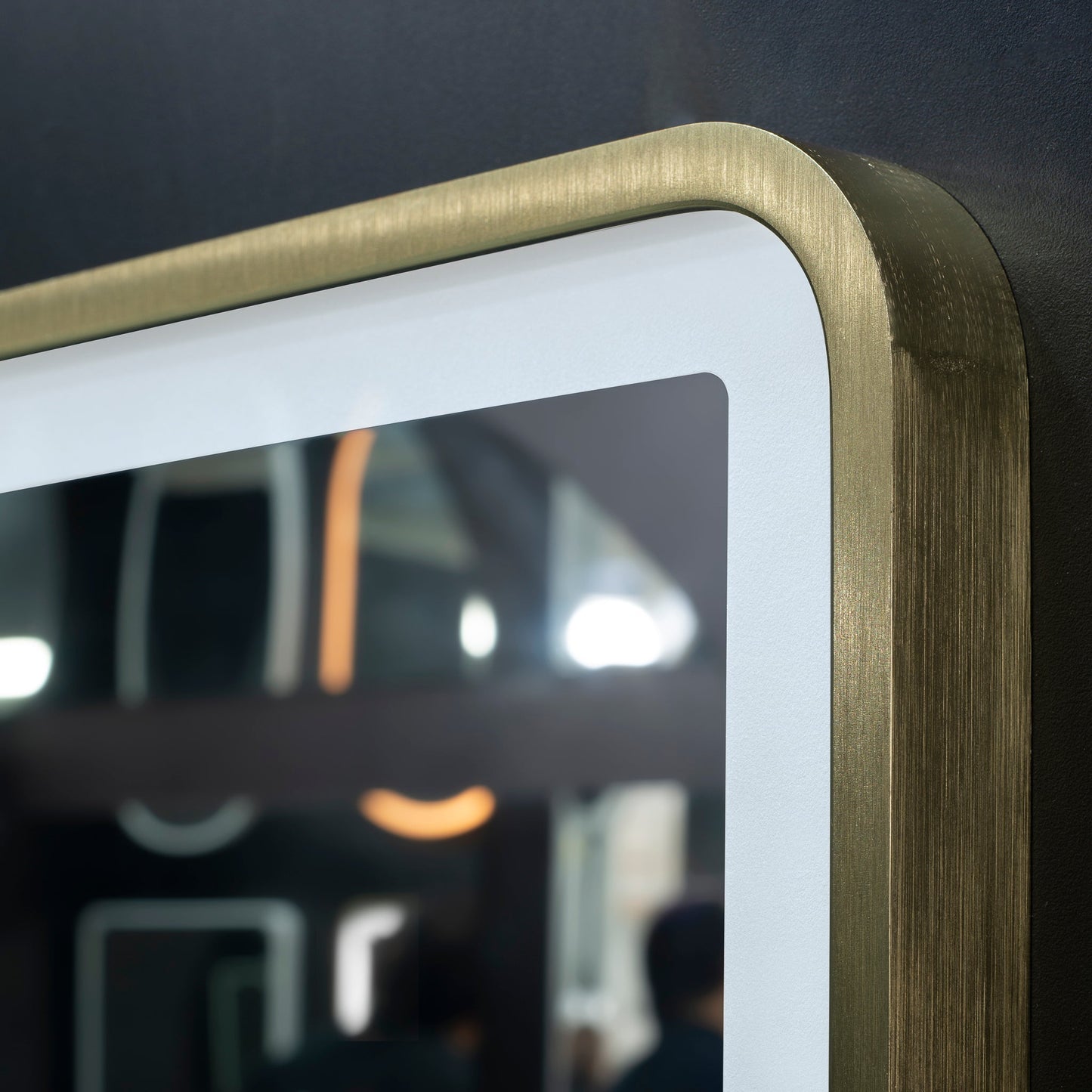 Retti Rectangular 1200mm x 900mm Frontlit LED Mirror with Brushed Brass (Gold) Frame and Demister