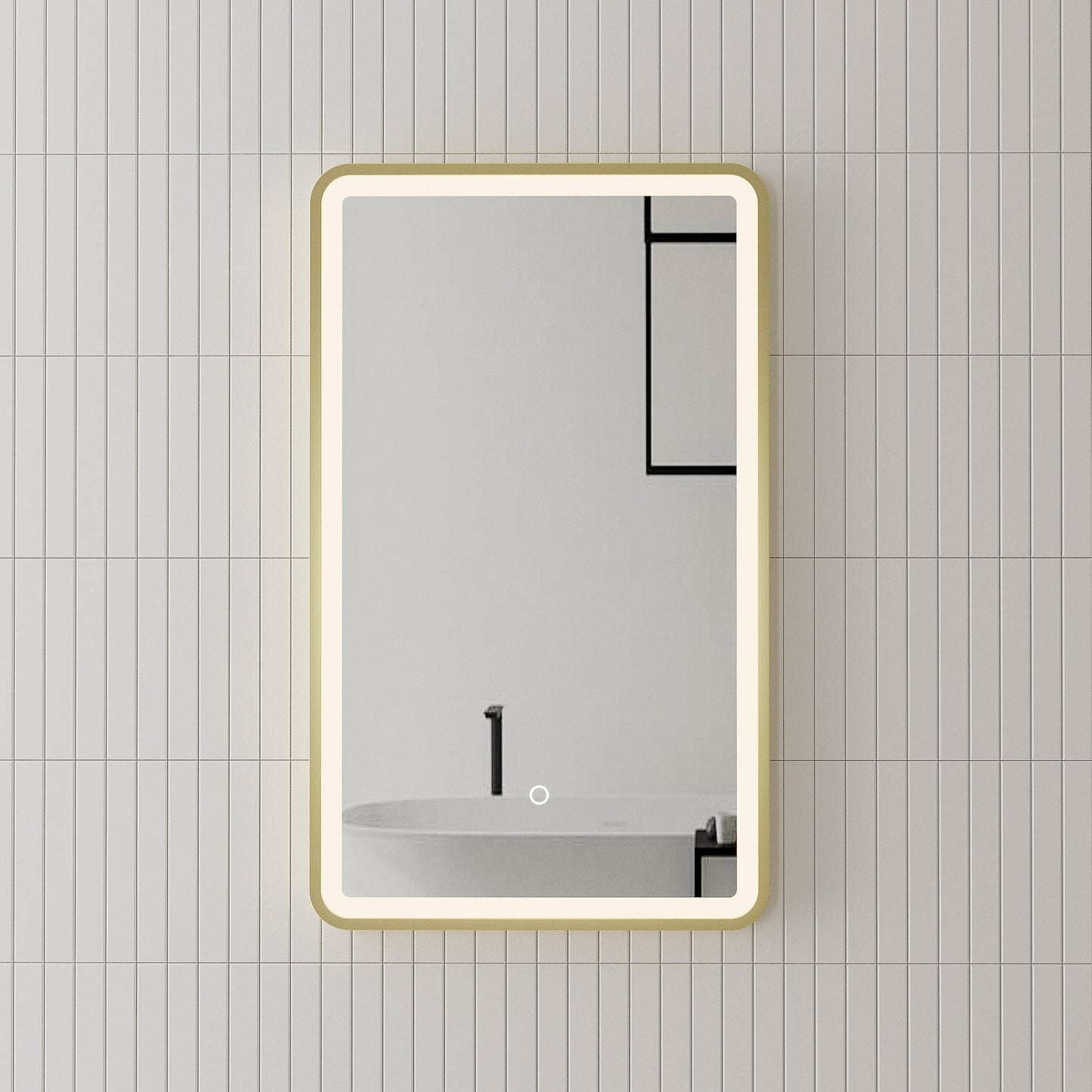 Retti Rectangular 450mm x 750mm Frontlit LED Mirror with Brushed Brass (Gold) Frame and Demister