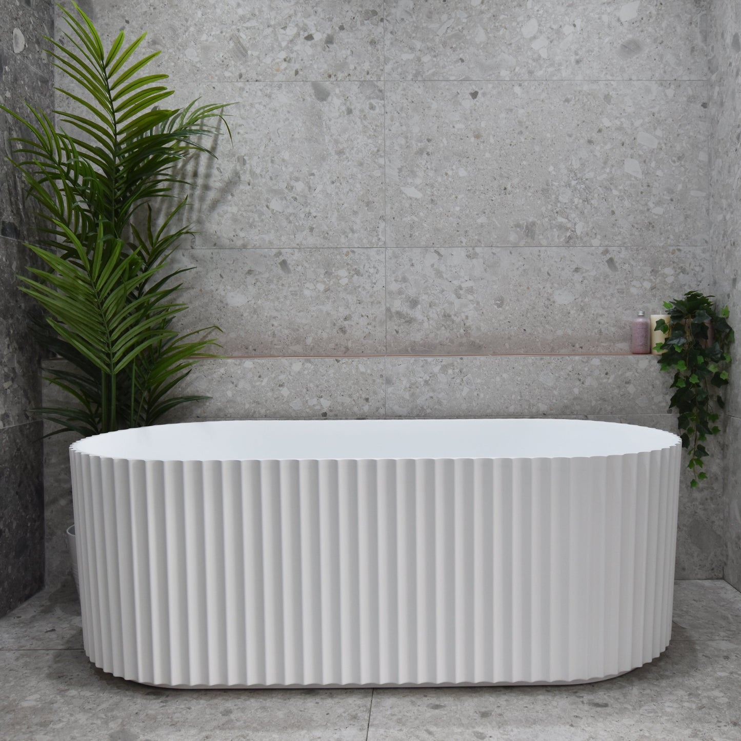 Agora Groove 67 inch Acrylic Freestanding Fluted Oval Bathtub, Matte White