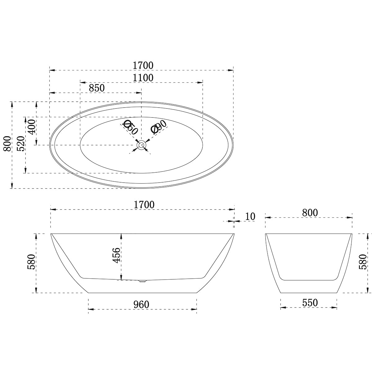 Kinka Egg 1700mm Oval Freestanding Bath, Matte White