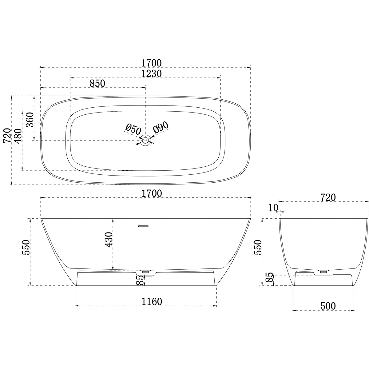 Rolo Soft Square 1700mm Artificial Stone Freestanding Bath | Matte White |