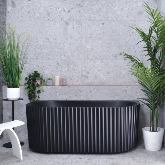 Agora Groove 1500mm Fluted Oval Freestanding Back to Wall Bath, Matte Black