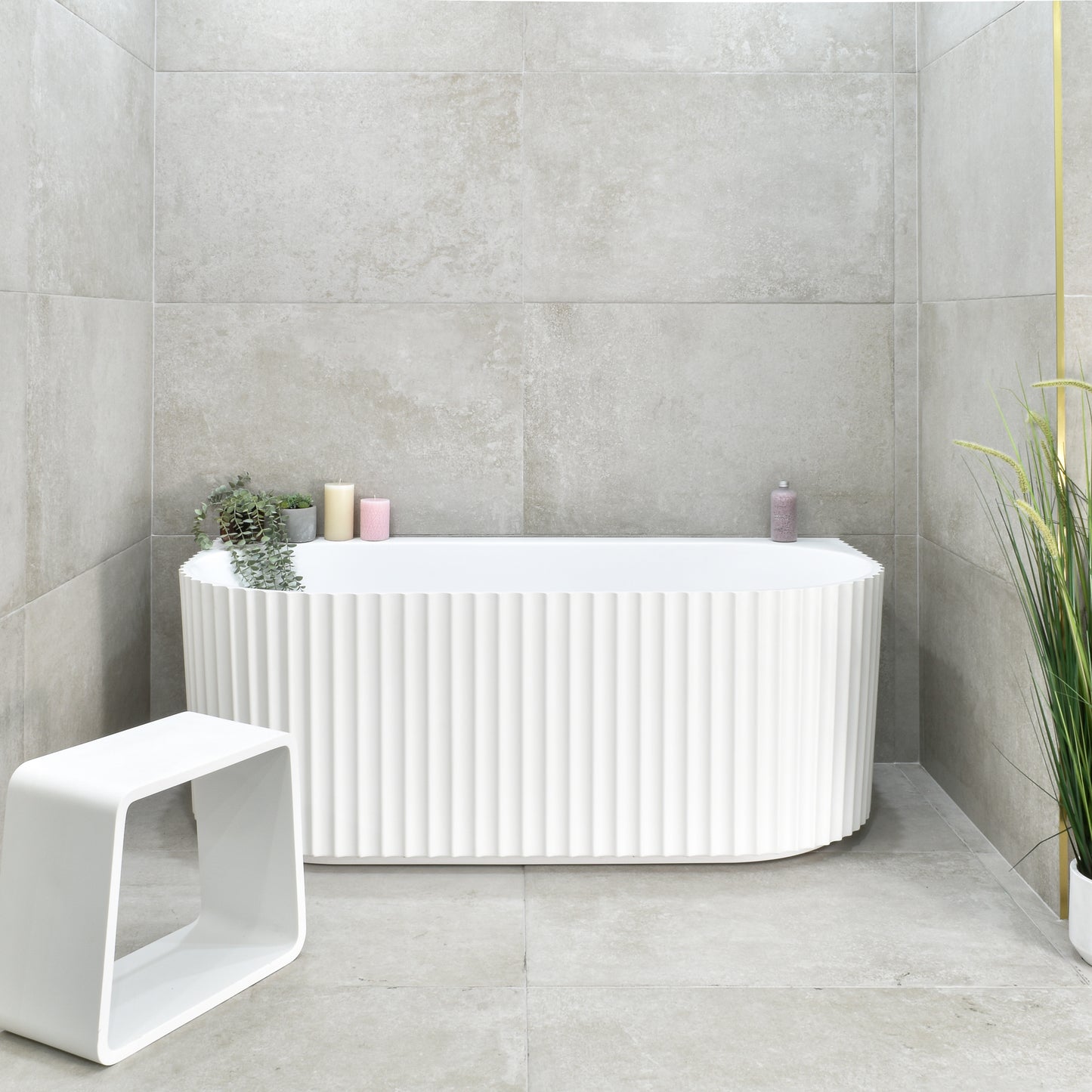 Agora Groove 1500mm Fluted Oval Freestanding Back to Wall Bath, Matte White