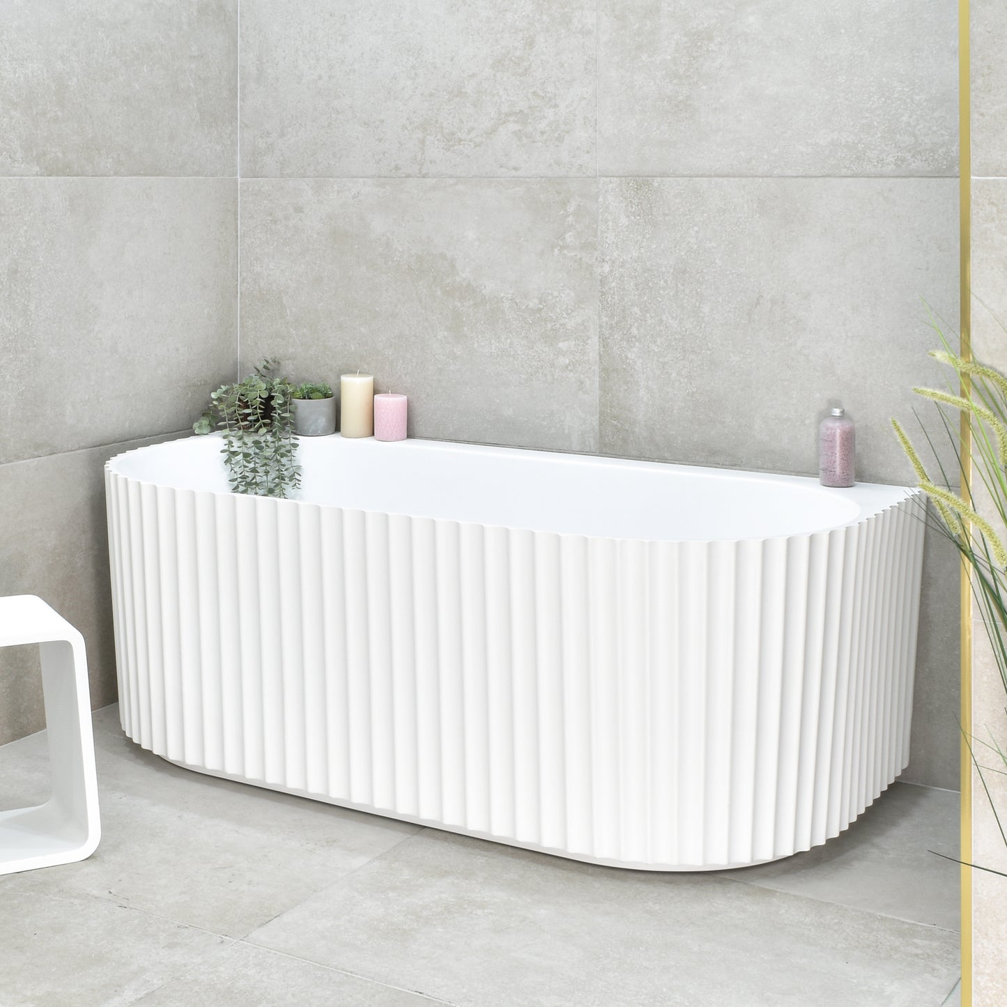 Agora Groove 1500mm Fluted Oval Freestanding Back to Wall Bath, Matte White