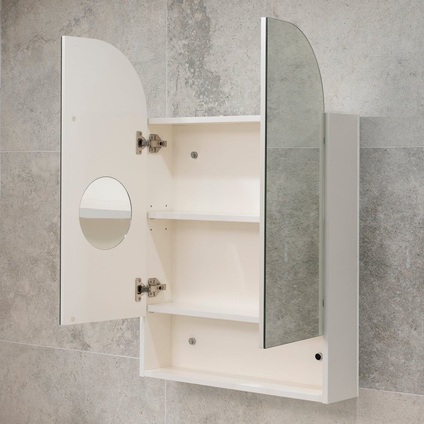 Tura Arch 600mm x 900mm Mirrored Shaving Cabinet with Exposed Shelf, Matte White