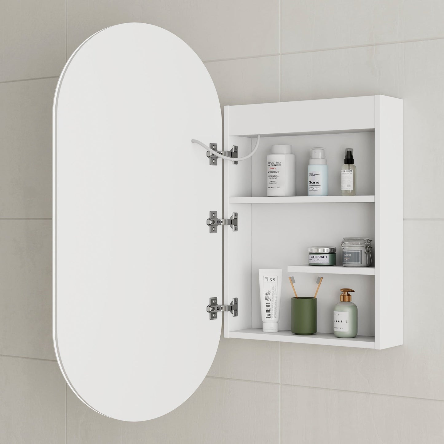 Pill Oval 500mm x 1000mm Frontlit LED Mirrored Shaving Cabinet, Matte White