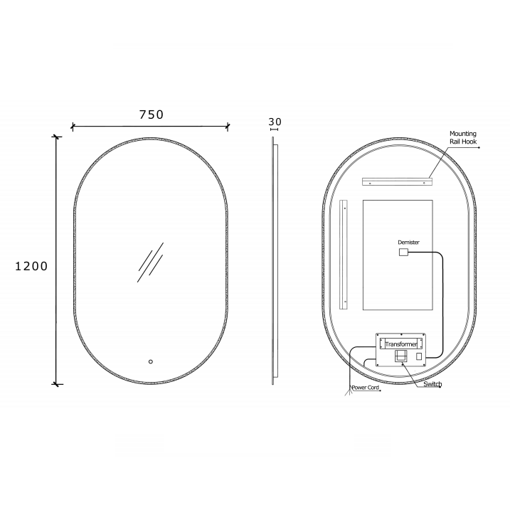 Pill Oval 750mm x 1200mm LED Mirror with Frosted Glass Border and Demister