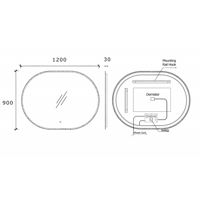 Pill Oval 1200mm x 900mm LED Mirror with Frosted Glass Border and Demister