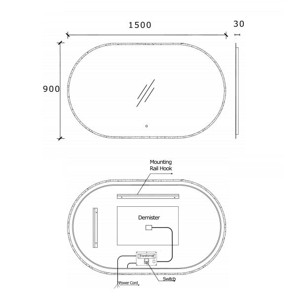 Pill Oval 1500mm x 900mm LED Mirror with Frosted Glass Border and Demister