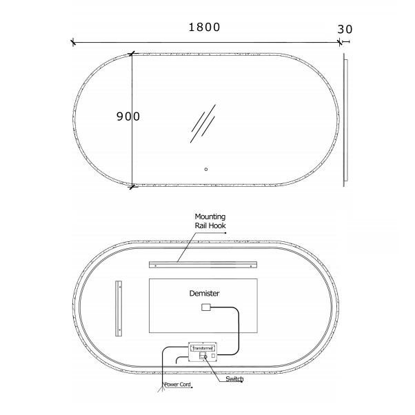 Pill Oval 1800mm x 900mm LED Mirror with Frosted Glass Border and Demister