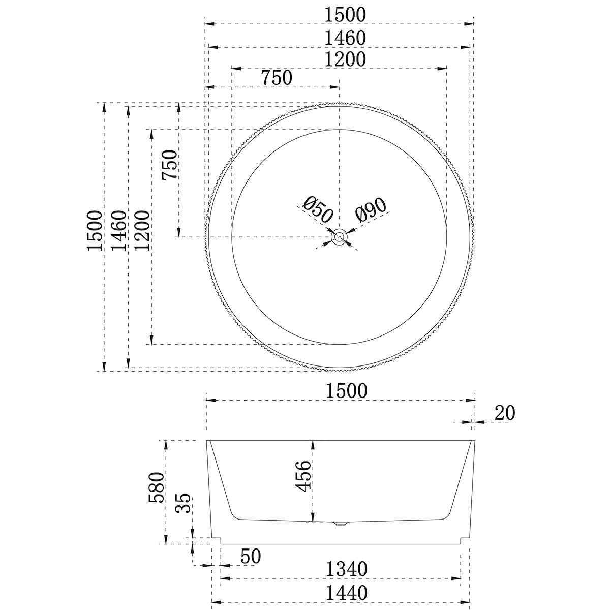 Sunshine Groove 1500mm Fluted Round Freestanding Bath, Gloss White